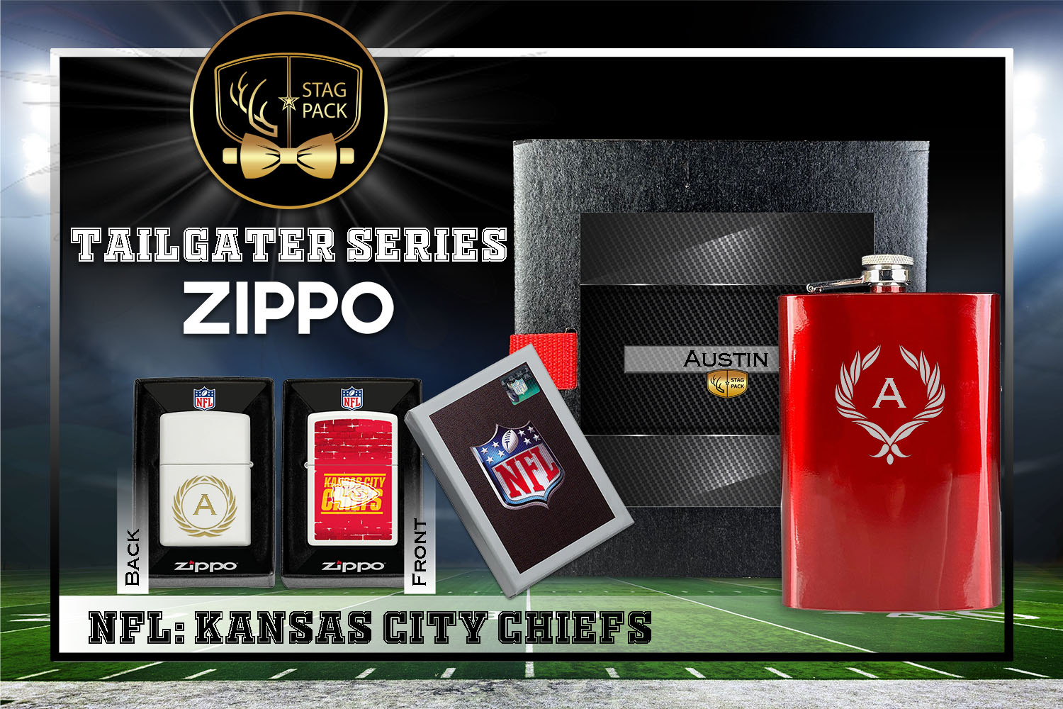 Custom Engraved Groomsmen Gift with Flask & Zippo Windproof Lighter in a Personalized Gift Box.
