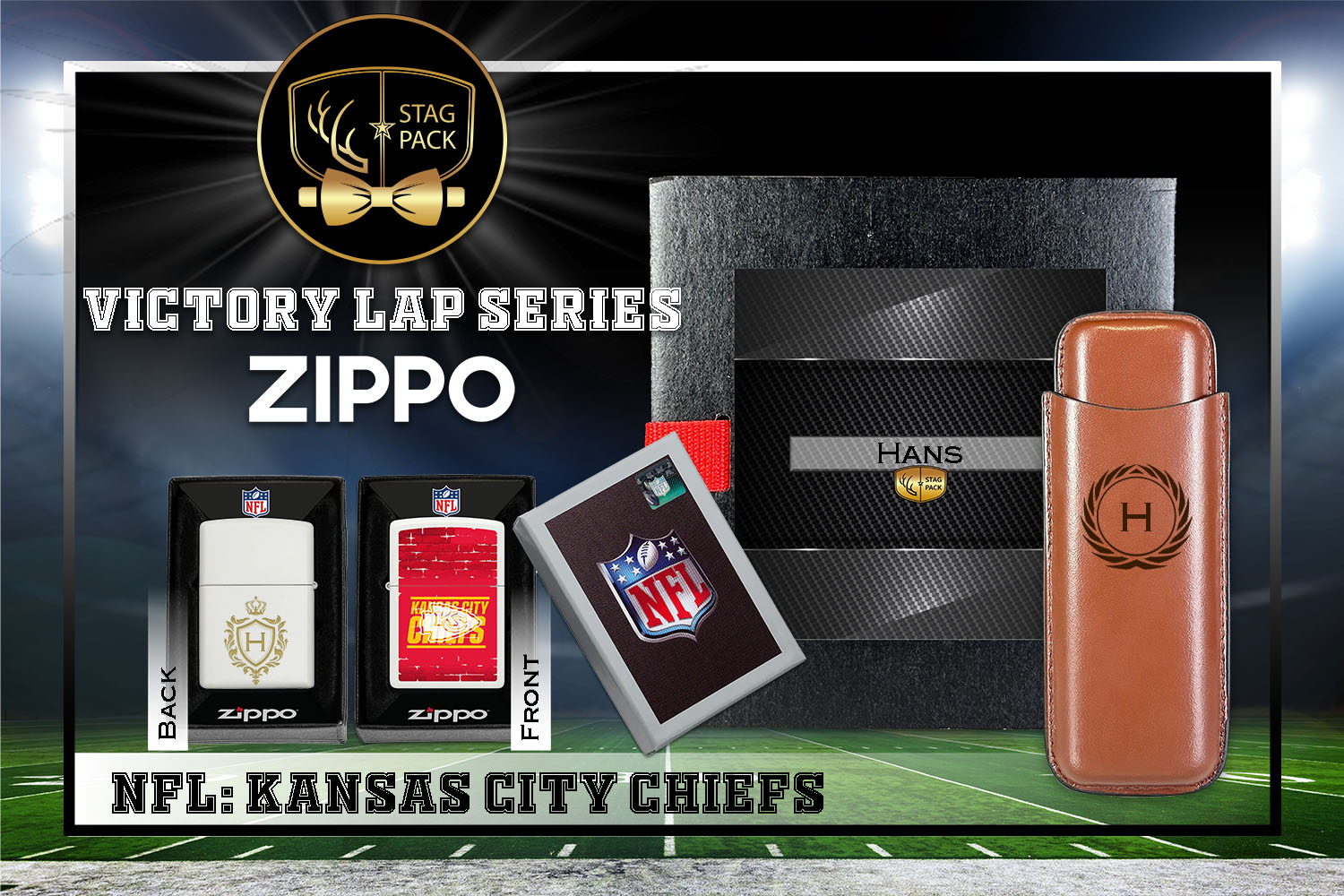 Custom Engraved Groomsmen Gift with Dual Sleeve Leather Cigar Case & Zippo Windproof Lighter in a Personalized Gift Box.