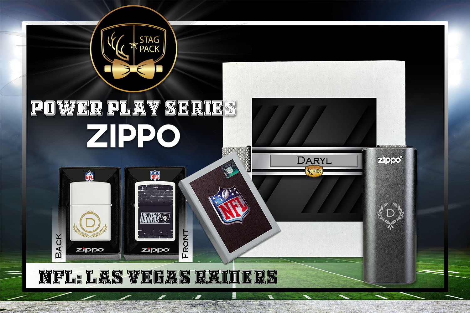 Custom Engraved Groomsmen Gift with NFL Zippo Windproof Lighter& Heatbank in a Personalized Gift Box.