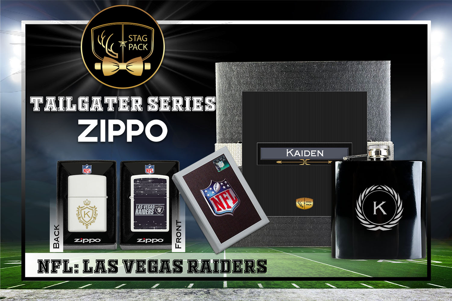 Custom Engraved Groomsmen Gift with Flask & Zippo Windproof Lighter in a Personalized Gift Box.