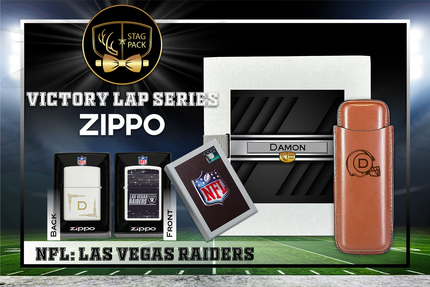 Custom Engraved Groomsmen Gift with Dual Sleeve Leather Cigar Case & Zippo Windproof Lighter in a Personalized Gift Box.