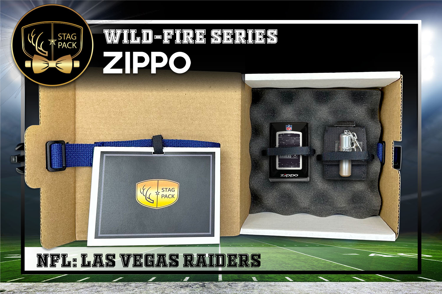 Custom Engraved Groomsmen Gift with NFL Windproof Zippo Lighter, a Fluid Canister and Pouch packaged in a Personalized Gift Box with a Message Card.