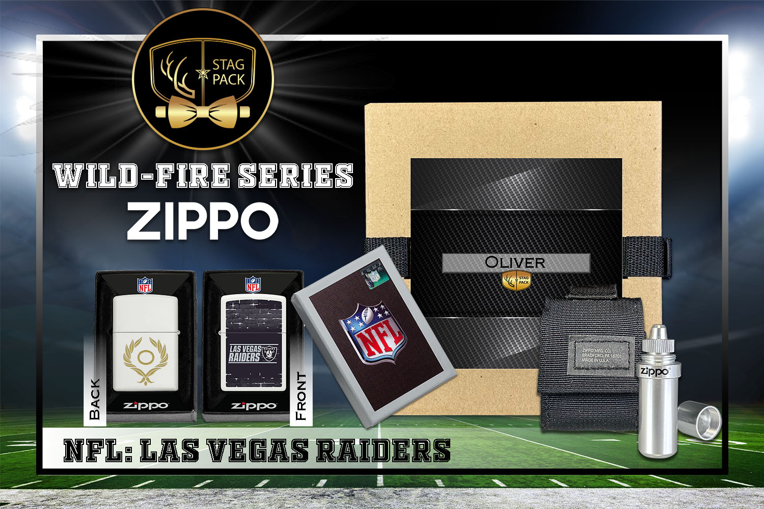 Custom Engraved Groomsmen Gift with NFL Windproof Zippo Lighter, a Fluid Canister and Pouch Gift-Pack in a Personalized Gift Box.