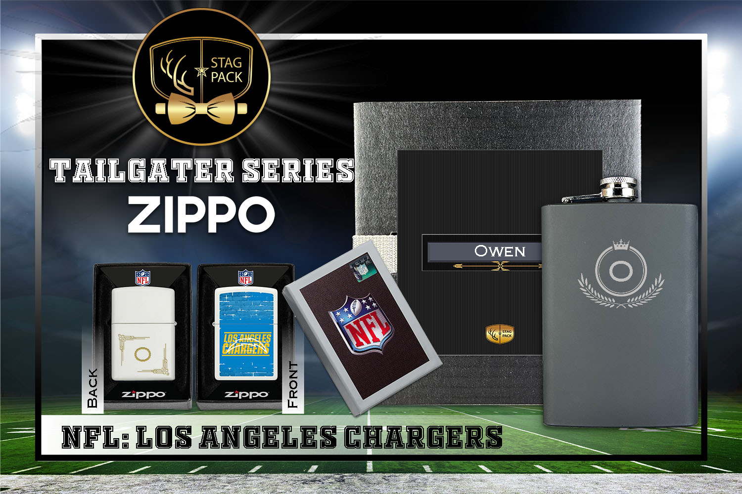Custom Engraved Groomsmen Gift with Flask & Zippo Windproof Lighter in a Personalized Gift Box.