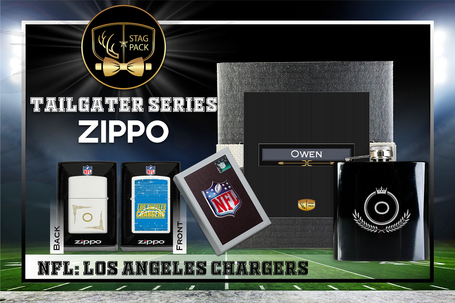 Custom Engraved Groomsmen Gift with Flask & Zippo Windproof Lighter in a Personalized Gift Box.