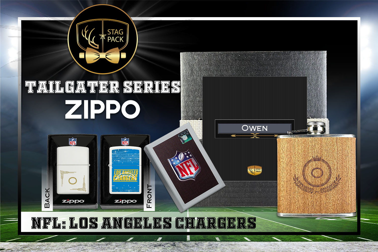 Custom Engraved Groomsmen Gift with Flask & Zippo Windproof Lighter in a Personalized Gift Box.