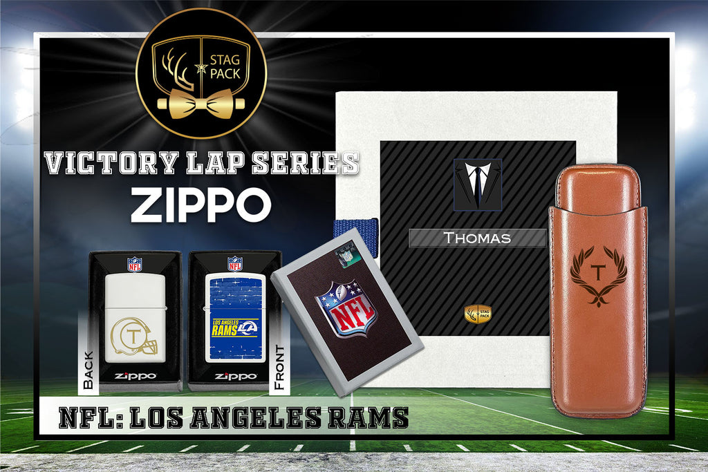 Custom Engraved Groomsmen Gift with Dual Sleeve Leather Cigar Case & Zippo Windproof Lighter in a Personalized Gift Box.