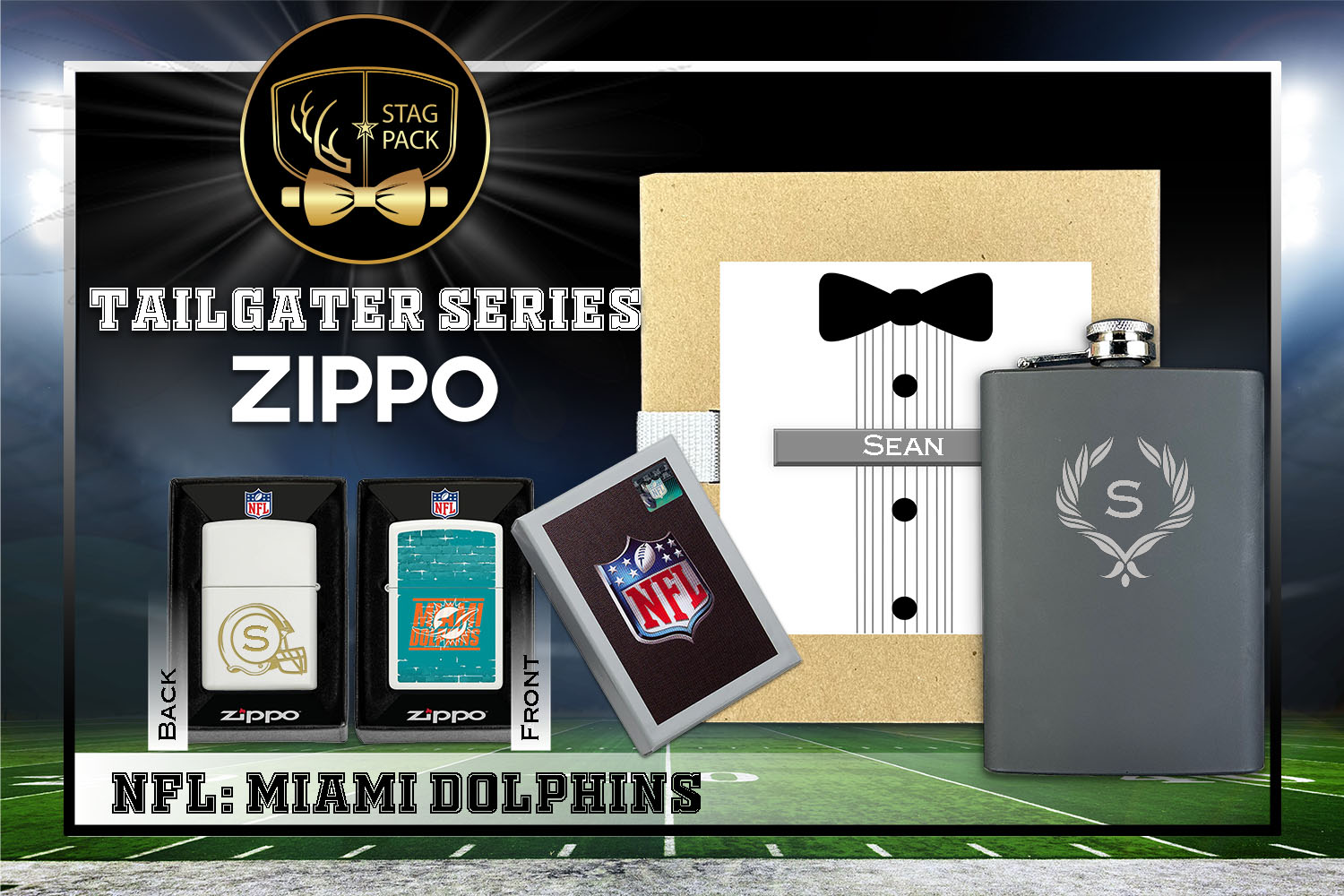 Custom Engraved Groomsmen Gift with Flask & Zippo Windproof Lighter in a Personalized Gift Box.