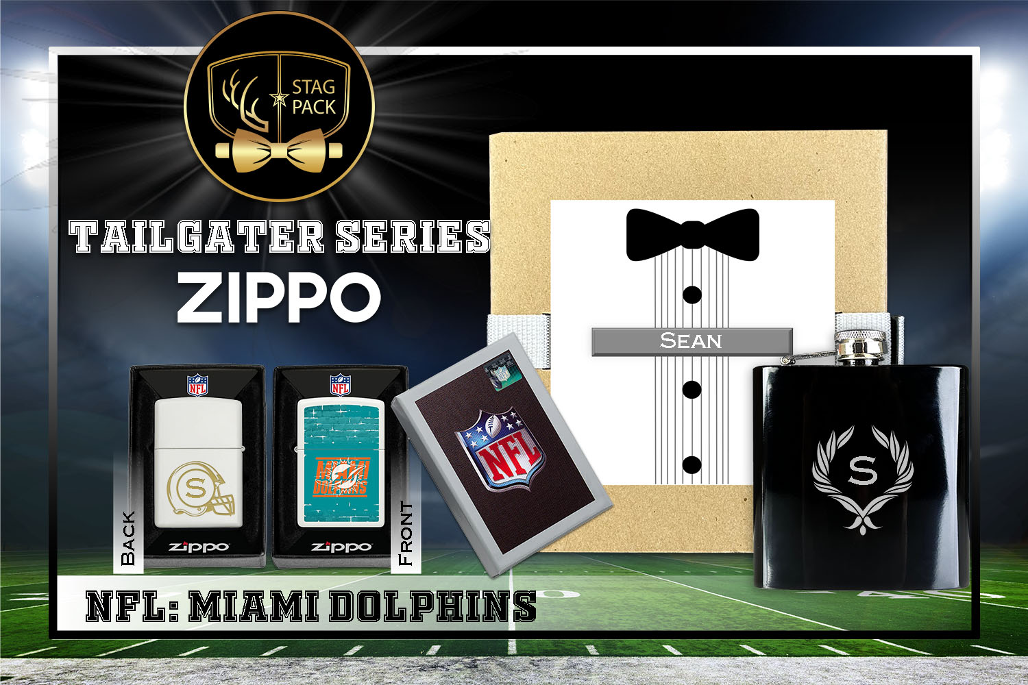 Custom Engraved Groomsmen Gift with Flask & Zippo Windproof Lighter in a Personalized Gift Box.