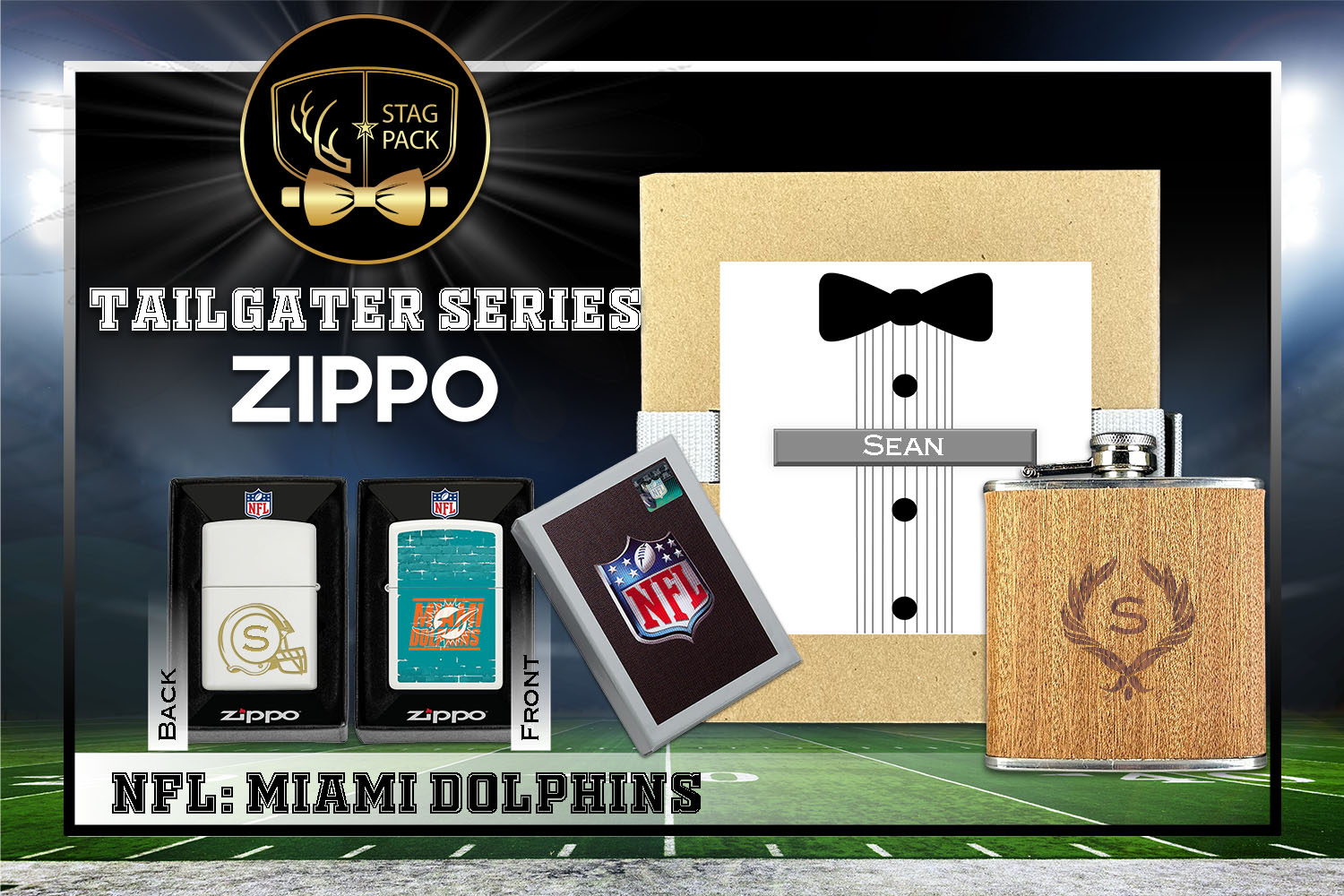 Custom Engraved Groomsmen Gift with Flask & Zippo Windproof Lighter in a Personalized Gift Box.