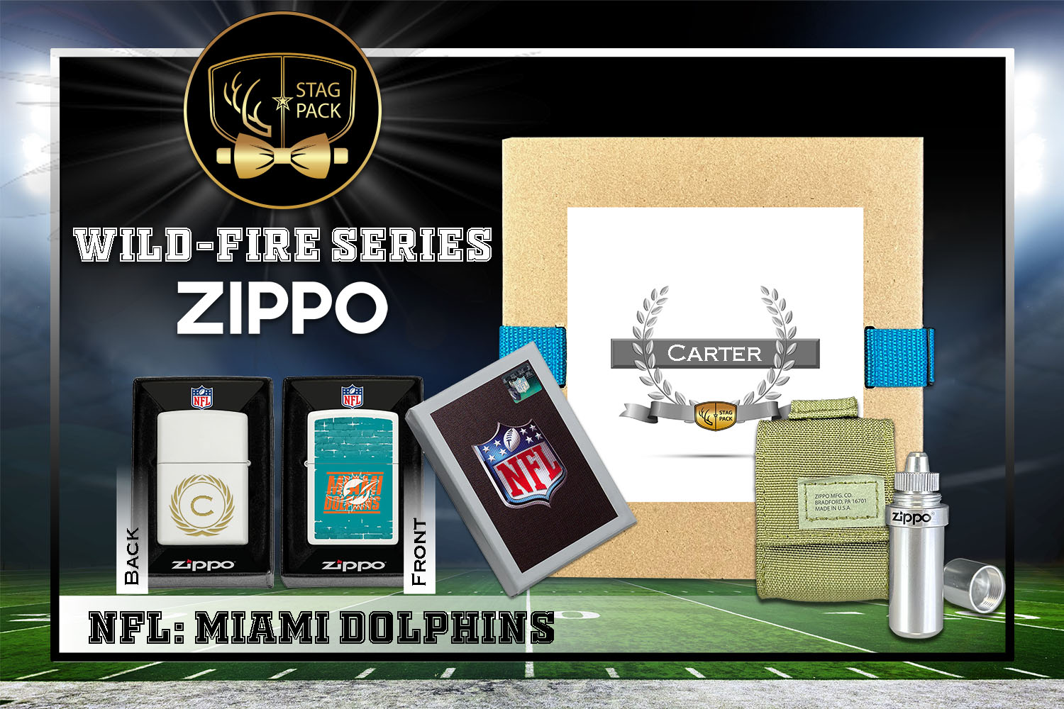 Custom Engraved Groomsmen Gift with NFL Windproof Zippo Lighter, a Fluid Canister and Pouch Gift-Pack in a Personalized Gift Box.