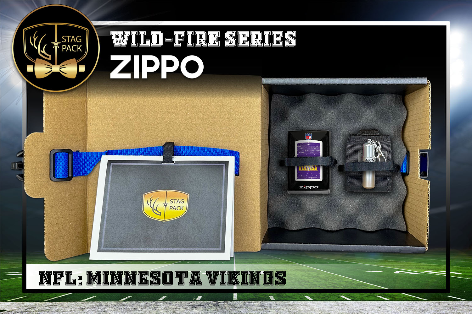 Custom Engraved Groomsmen Gift with NFL Windproof Zippo Lighter, a Fluid Canister and Pouch packaged in a Personalized Gift Box with a Message Card.
