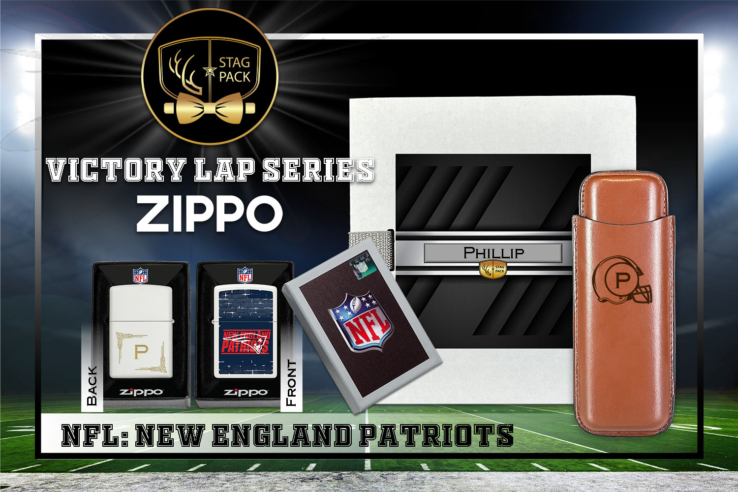 Custom Engraved Groomsmen Gift with Dual Sleeve Leather Cigar Case & Zippo Windproof Lighter in a Personalized Gift Box.