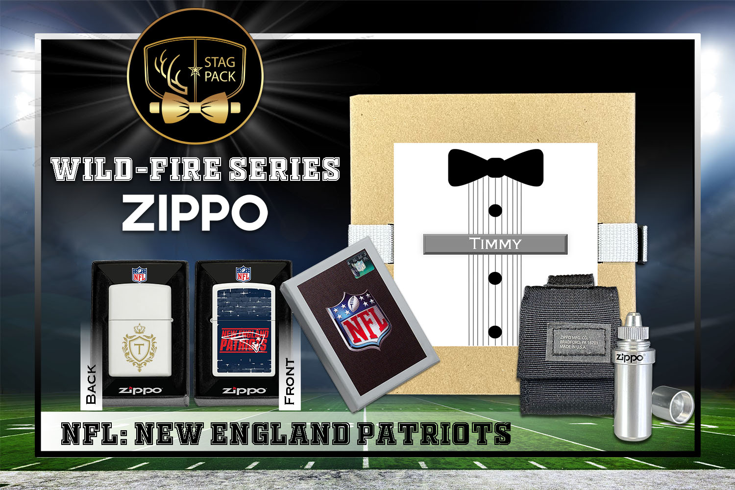 Custom Engraved Groomsmen Gift with NFL Windproof Zippo Lighter, a Fluid Canister and Pouch Gift-Pack in a Personalized Gift Box.