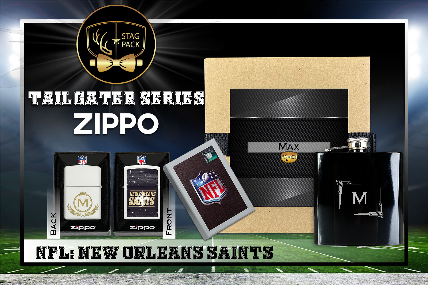 Custom Engraved Groomsmen Gift with Flask & Zippo Windproof Lighter in a Personalized Gift Box.