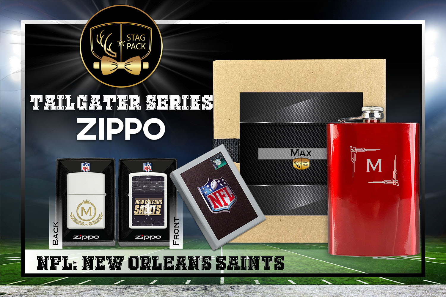 Custom Engraved Groomsmen Gift with Flask & Zippo Windproof Lighter in a Personalized Gift Box.