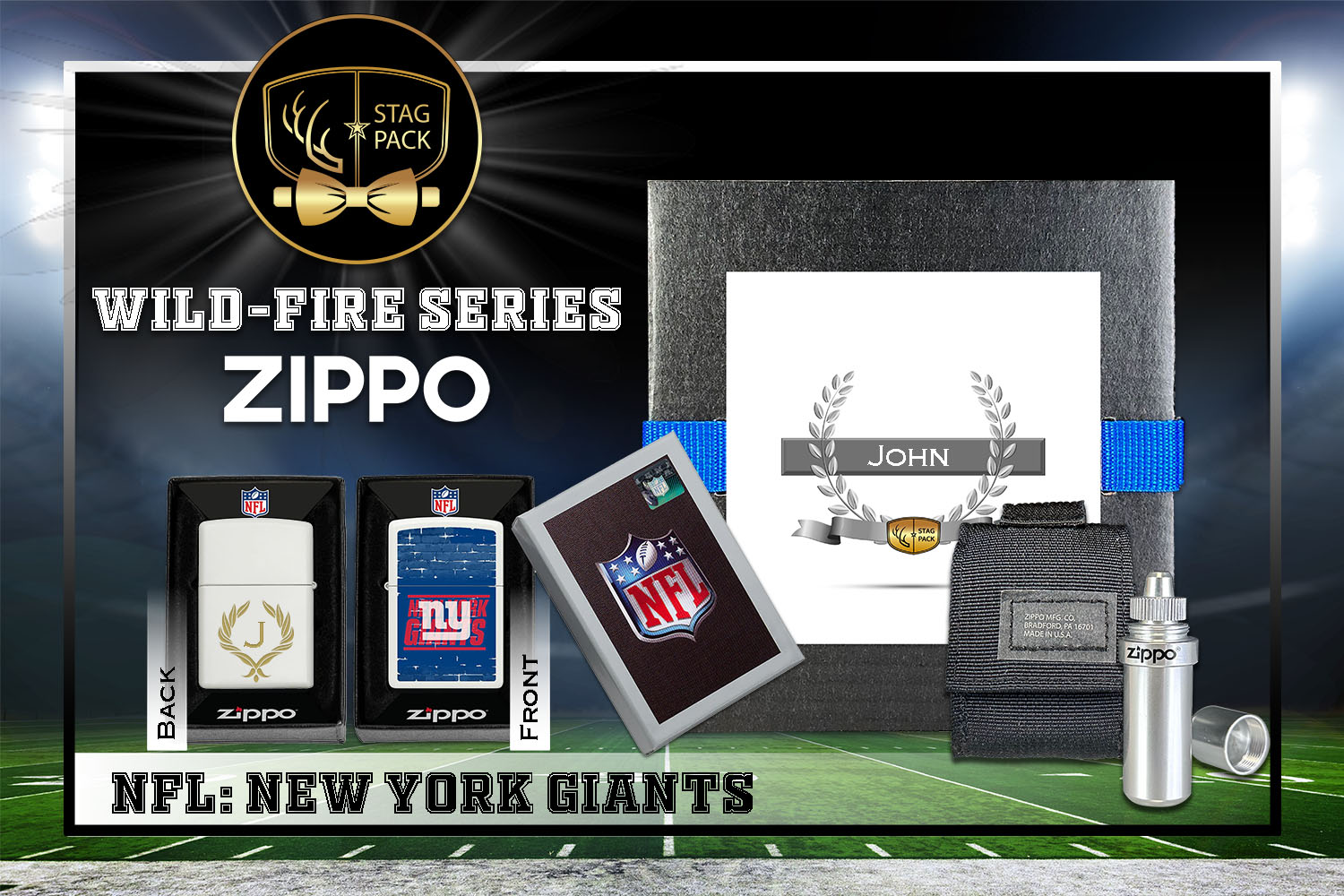 Custom Engraved Groomsmen Gift with NFL Windproof Zippo Lighter, a Fluid Canister and Pouch Gift-Pack in a Personalized Gift Box.