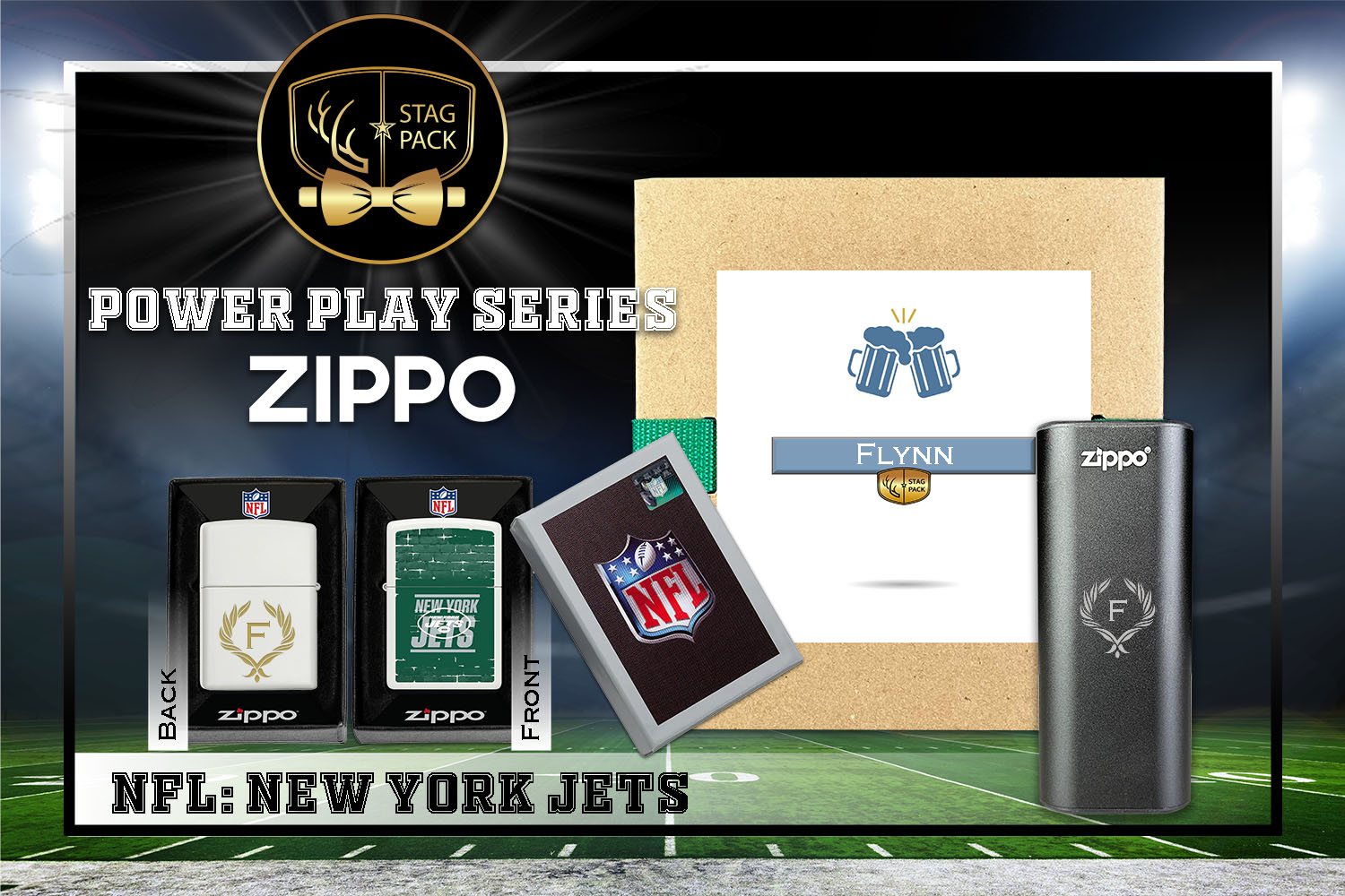 Custom Engraved Groomsmen Gift with NFL Zippo Windproof Lighter& Heatbank in a Personalized Gift Box.