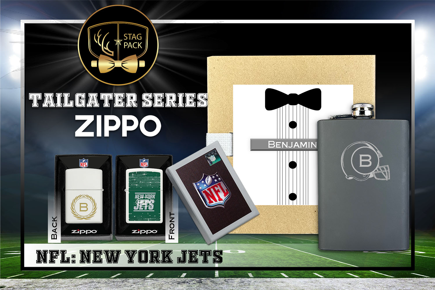 Custom Engraved Groomsmen Gift with Flask & Zippo Windproof Lighter in a Personalized Gift Box.