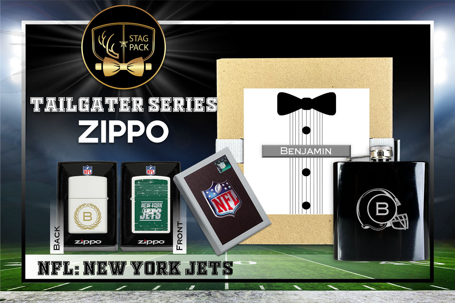 Custom Engraved Groomsmen Gift with Flask & Zippo Windproof Lighter in a Personalized Gift Box.
