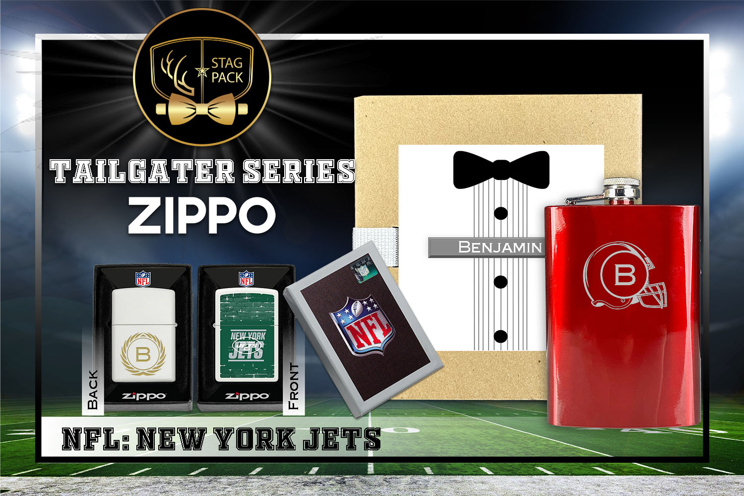 Custom Engraved Groomsmen Gift with Flask & Zippo Windproof Lighter in a Personalized Gift Box.