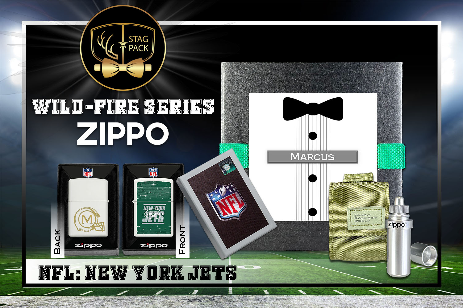 Custom Engraved Groomsmen Gift with NFL Windproof Zippo Lighter, a Fluid Canister and Pouch Gift-Pack in a Personalized Gift Box.