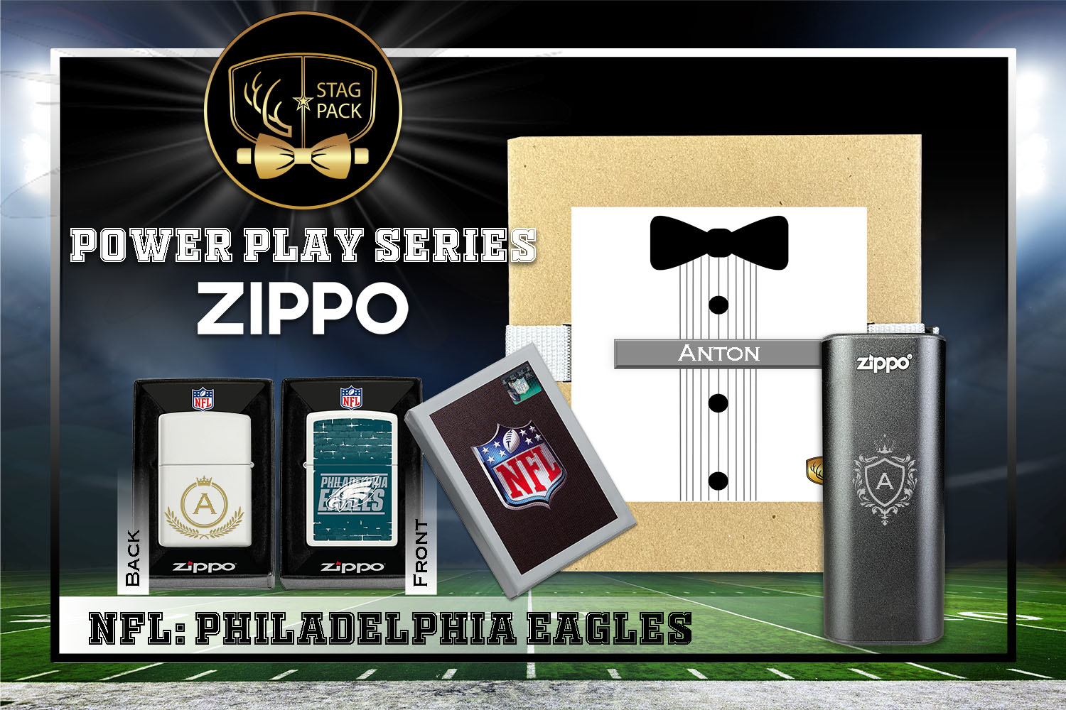 Custom Engraved Groomsmen Gift with NFL Zippo Windproof Lighter& Heatbank in a Personalized Gift Box.