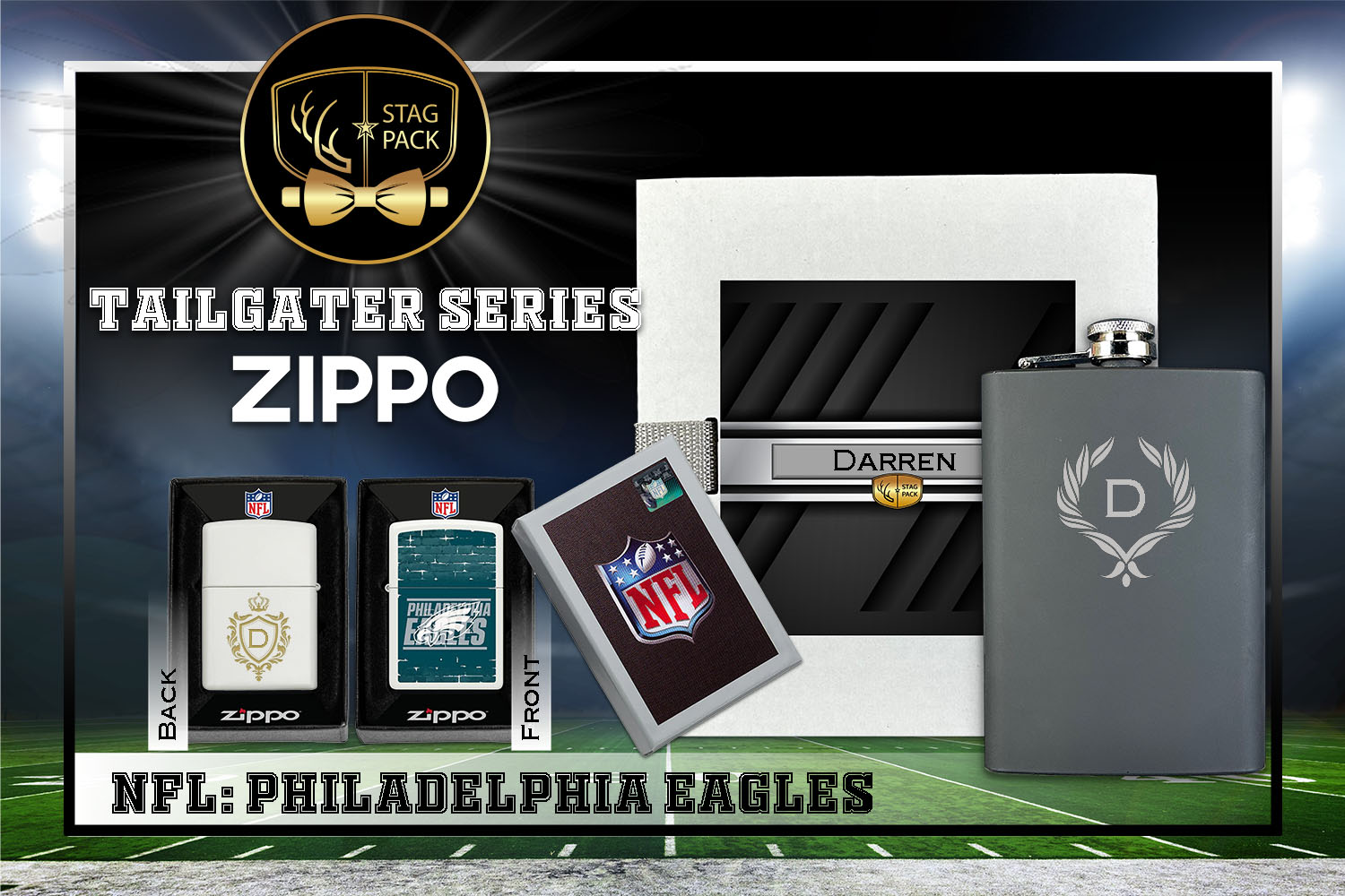 Custom Engraved Groomsmen Gift with Flask & Zippo Windproof Lighter in a Personalized Gift Box.