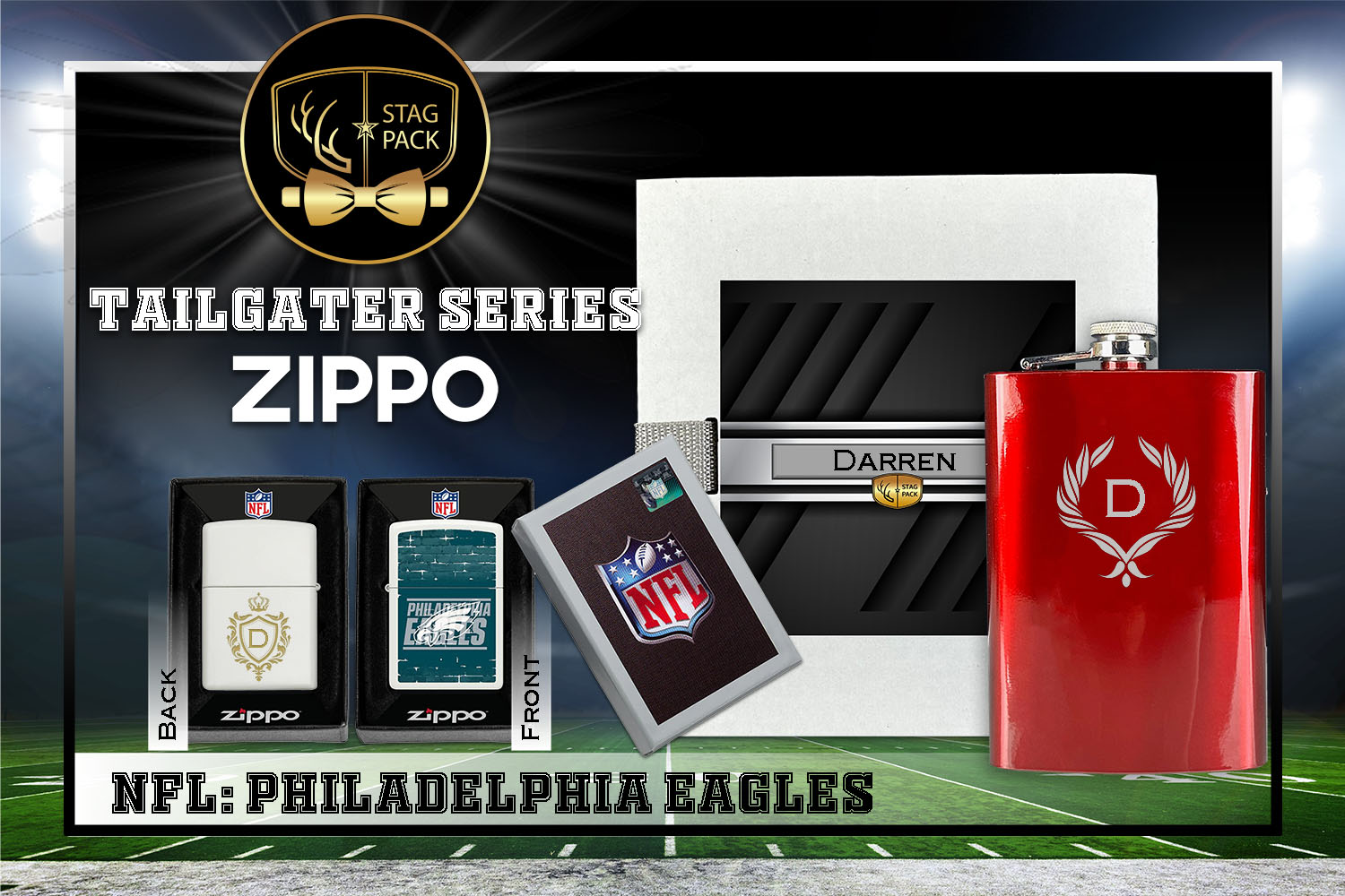 Custom Engraved Groomsmen Gift with Flask & Zippo Windproof Lighter in a Personalized Gift Box.