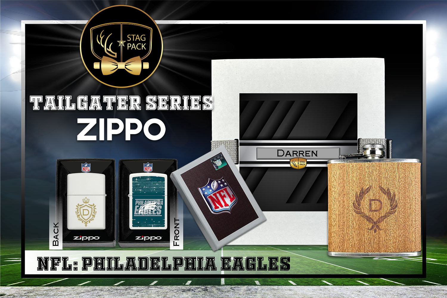 Custom Engraved Groomsmen Gift with Flask & Zippo Windproof Lighter in a Personalized Gift Box.