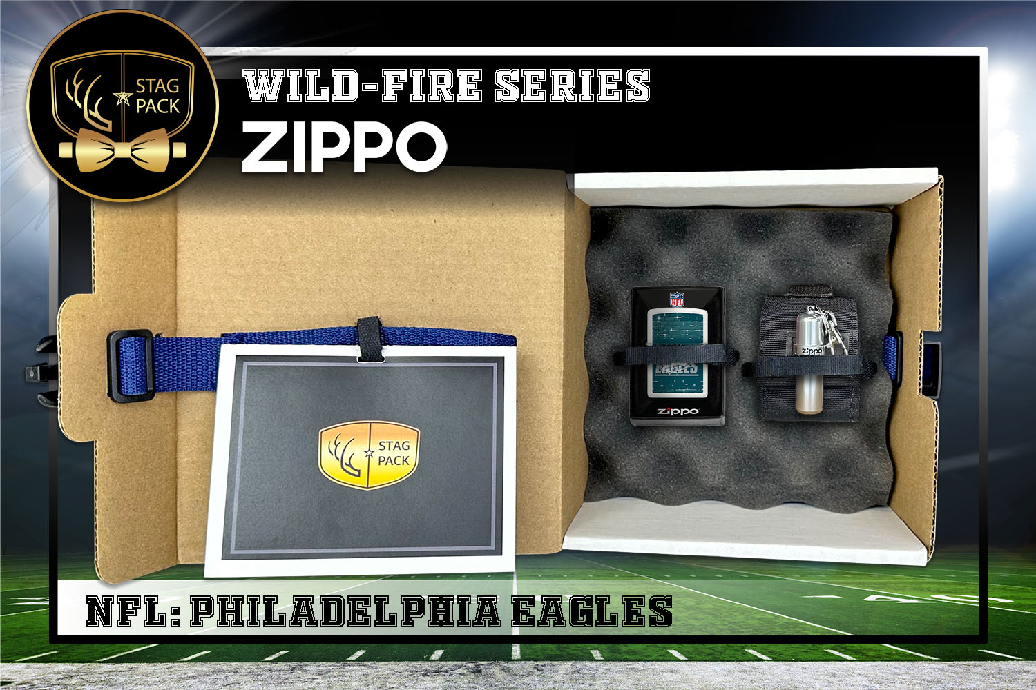 Custom Engraved Groomsmen Gift with NFL Windproof Zippo Lighter, a Fluid Canister and Pouch packaged in a Personalized Gift Box with a Message Card.