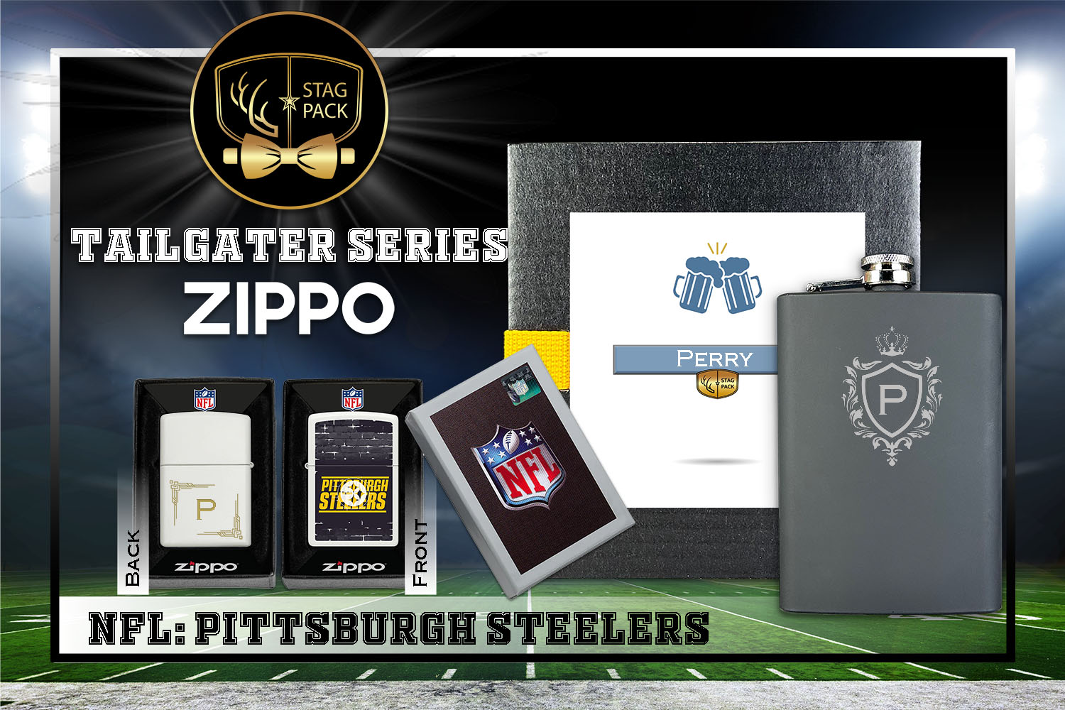 Custom Engraved Groomsmen Gift with Flask & Zippo Windproof Lighter in a Personalized Gift Box.
