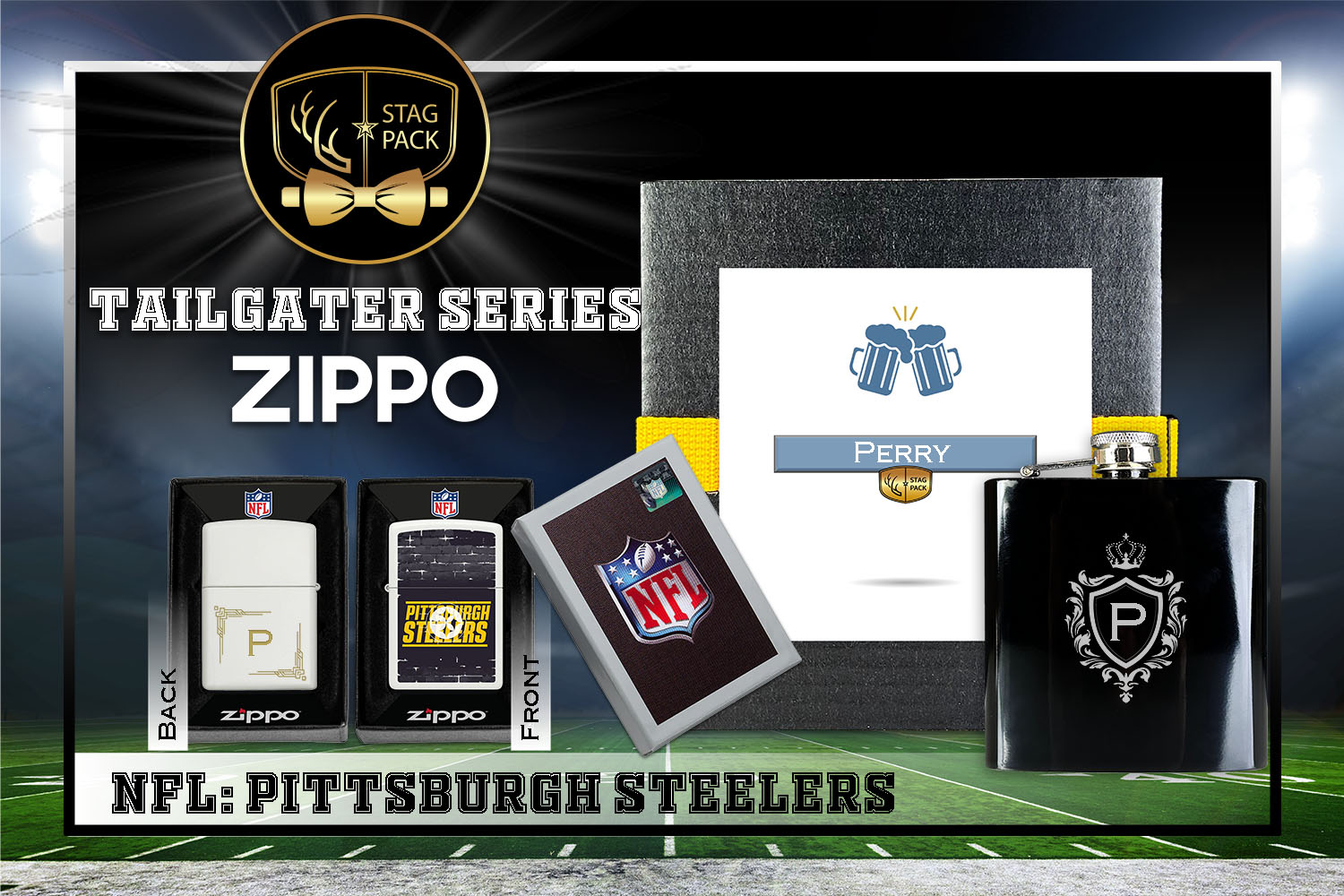 Custom Engraved Groomsmen Gift with Flask & Zippo Windproof Lighter in a Personalized Gift Box.