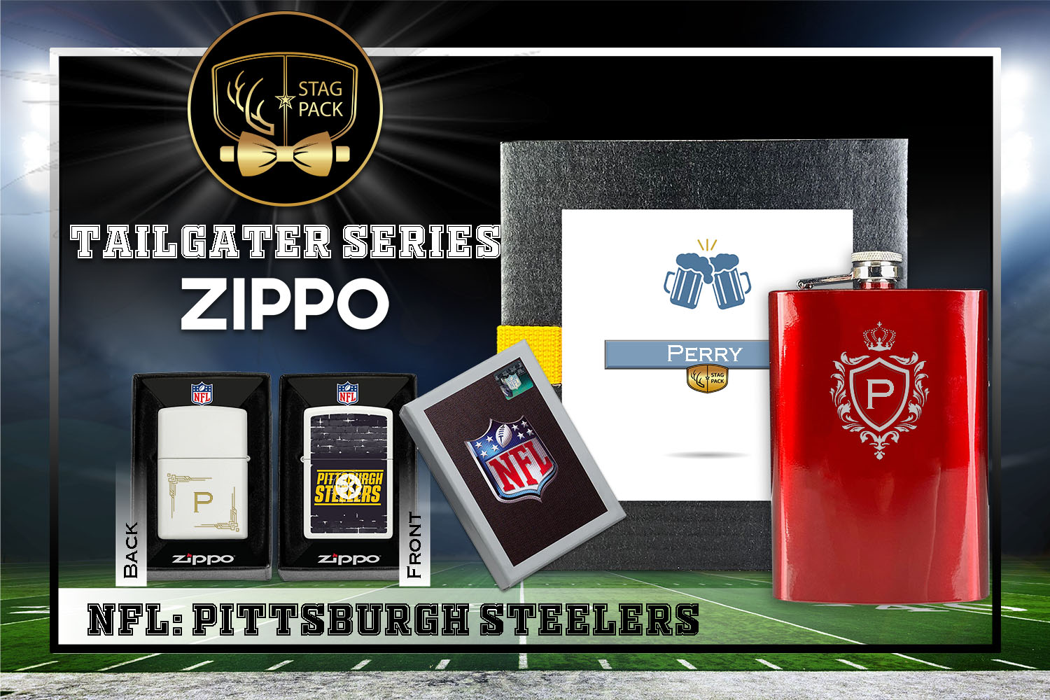 Custom Engraved Groomsmen Gift with Flask & Zippo Windproof Lighter in a Personalized Gift Box.