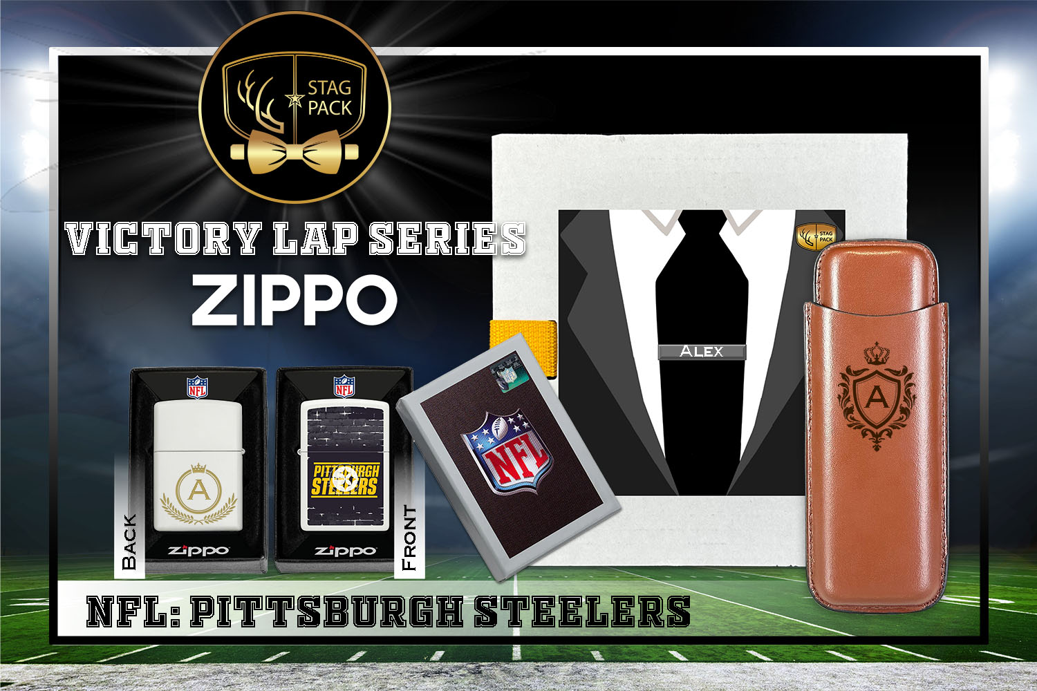 Custom Engraved Groomsmen Gift with Dual Sleeve Leather Cigar Case & Zippo Windproof Lighter in a Personalized Gift Box.