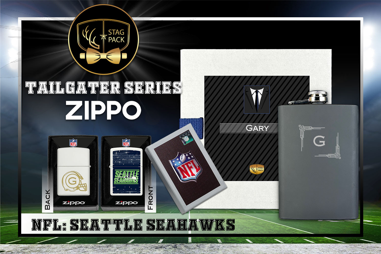 Custom Engraved Groomsmen Gift with Flask & Zippo Windproof Lighter in a Personalized Gift Box.
