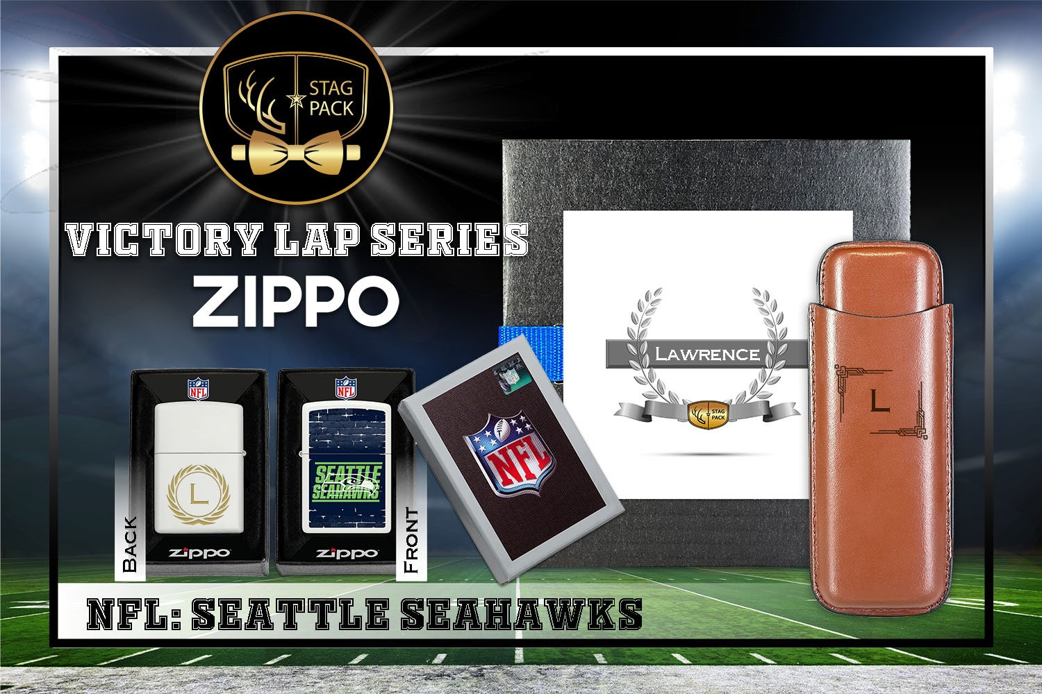 Custom Engraved Groomsmen Gift with Dual Sleeve Leather Cigar Case & Zippo Windproof Lighter in a Personalized Gift Box.