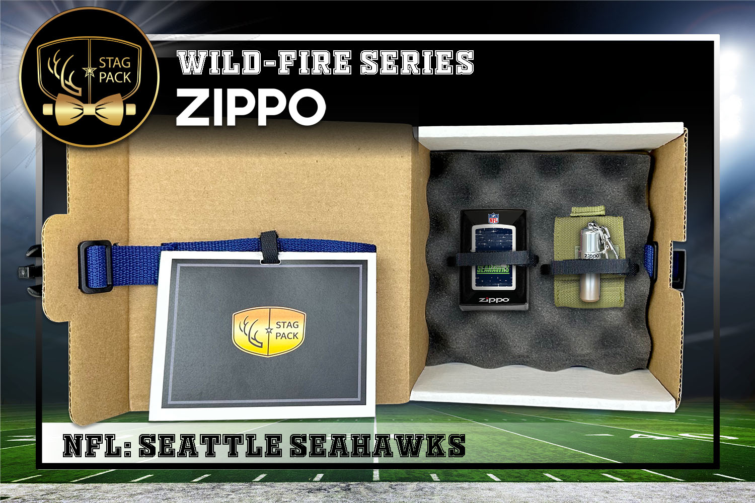 Custom Engraved Groomsmen Gift with NFL Windproof Zippo Lighter, a Fluid Canister and Pouch packaged in a Personalized Gift Box with a Message Card.