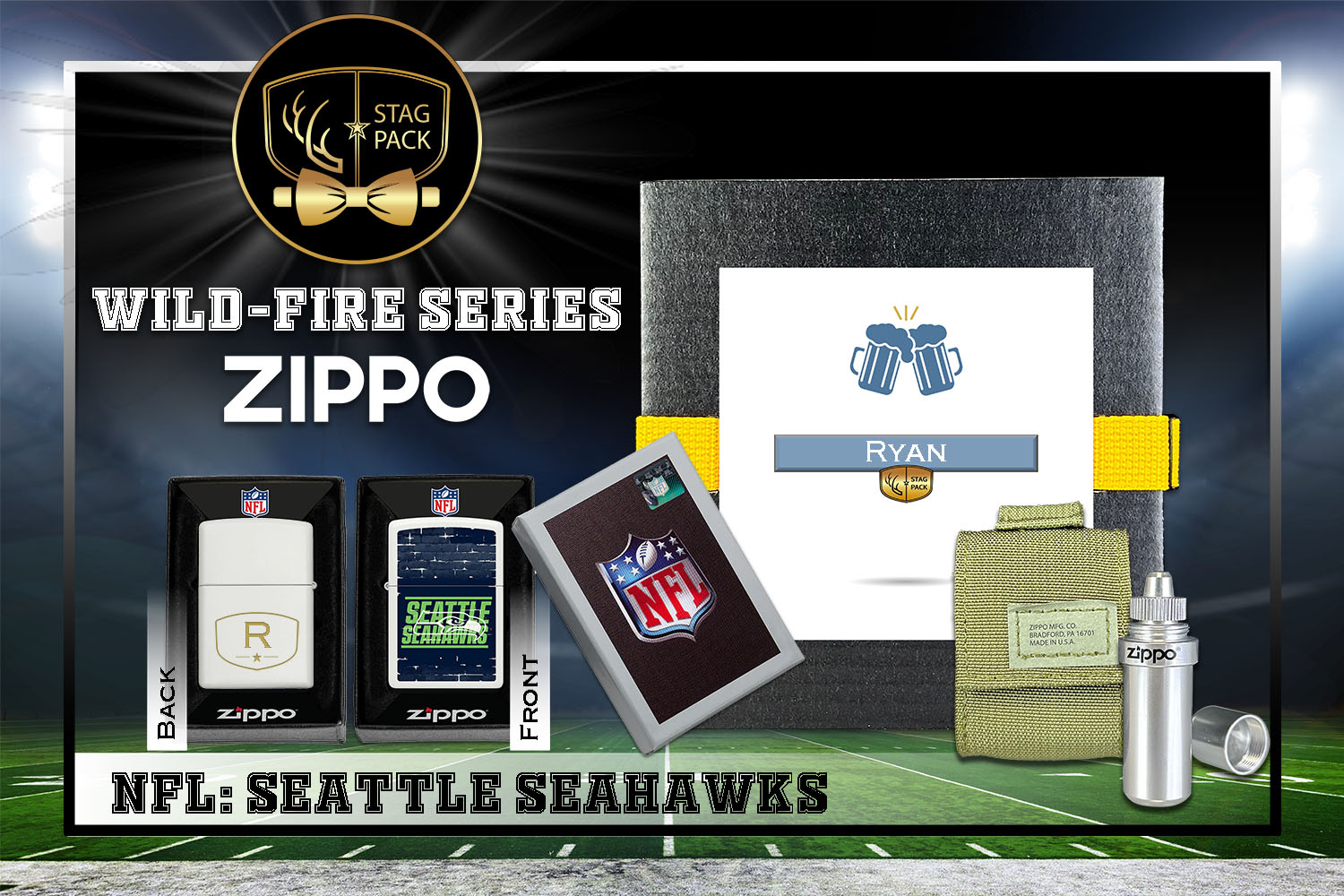 Custom Engraved Groomsmen Gift with NFL Windproof Zippo Lighter, a Fluid Canister and Pouch Gift-Pack in a Personalized Gift Box.