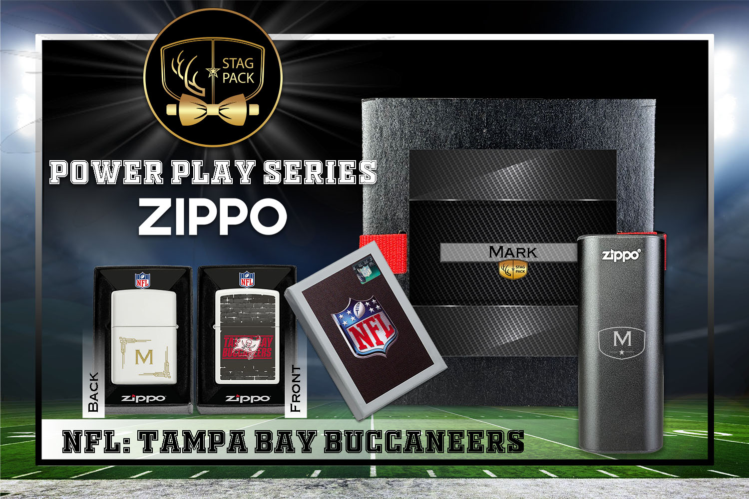 Custom Engraved Groomsmen Gift with NFL Zippo Windproof Lighter& Heatbank in a Personalized Gift Box.