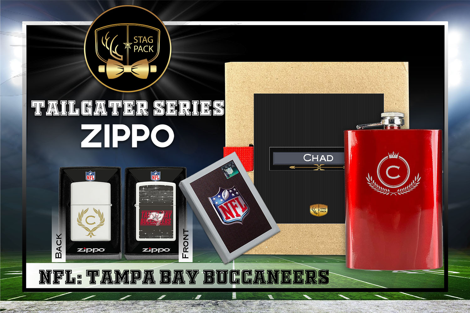 Custom Engraved Groomsmen Gift with Flask & Zippo Windproof Lighter in a Personalized Gift Box.