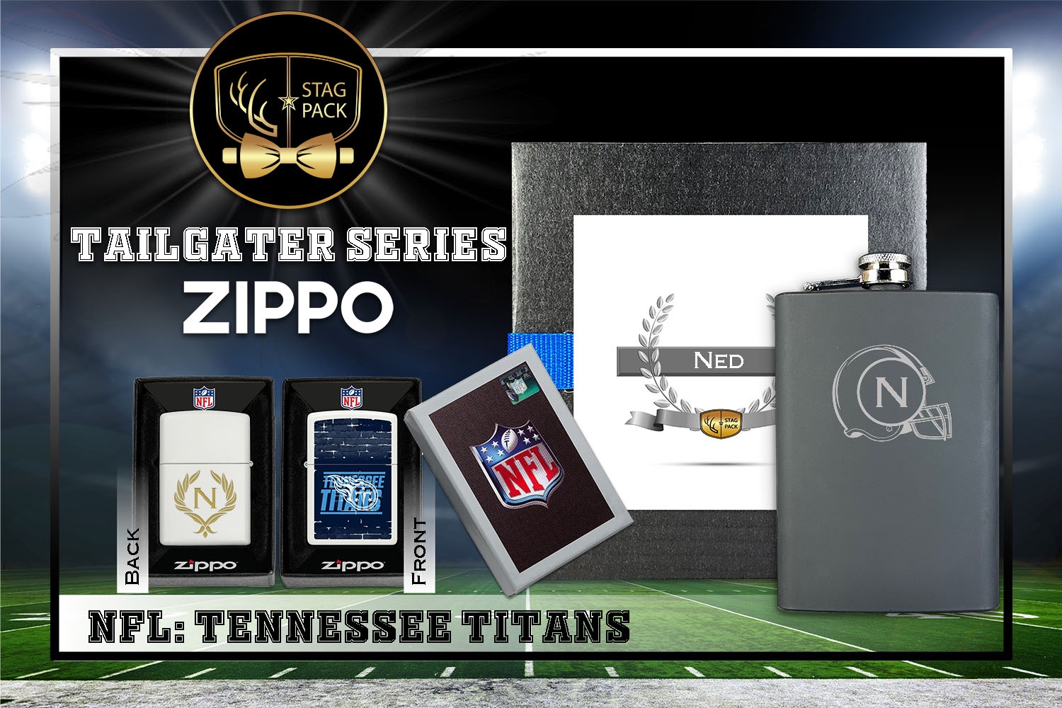 Custom Engraved Groomsmen Gift with Flask & Zippo Windproof Lighter in a Personalized Gift Box.