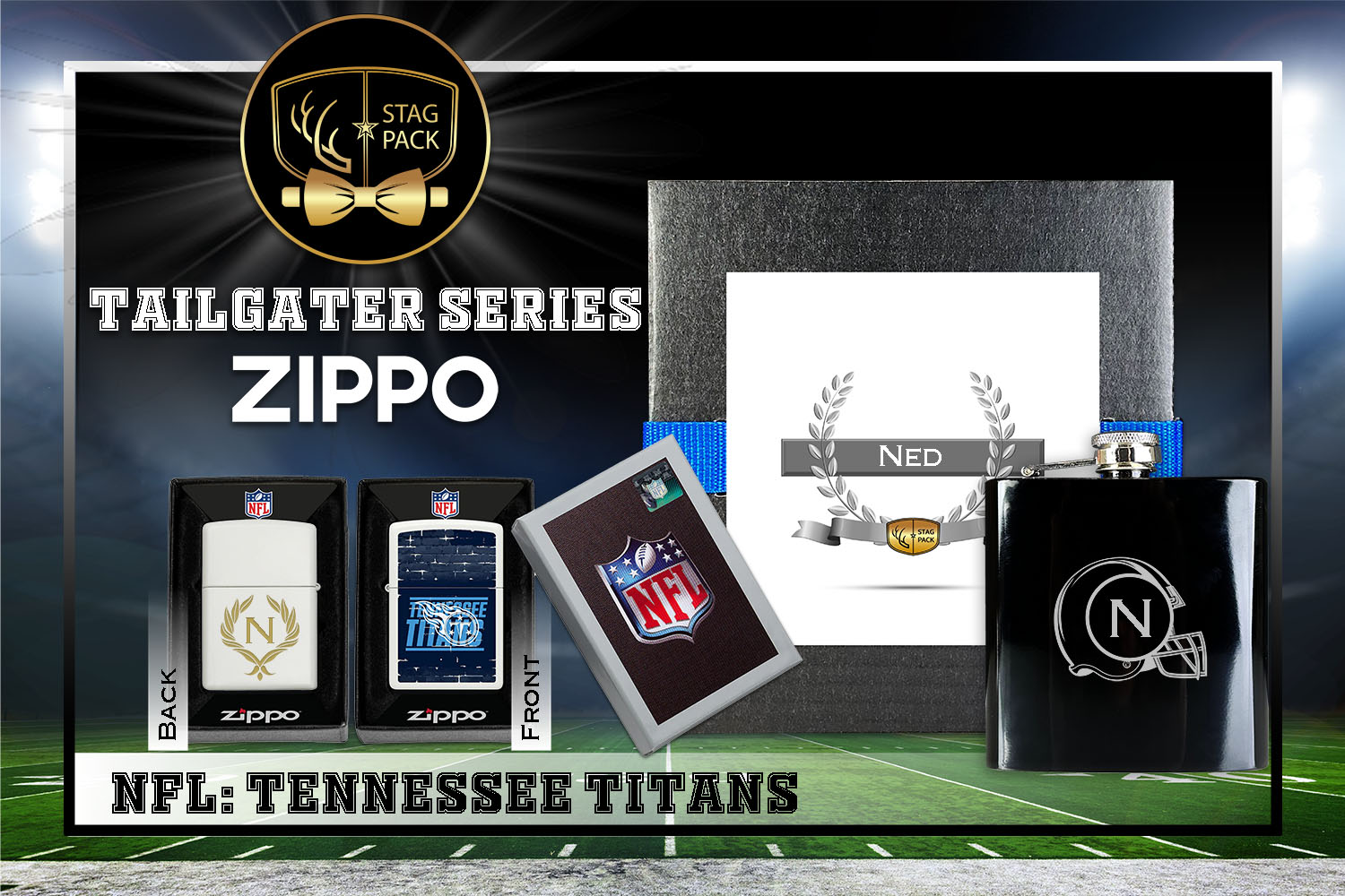 Custom Engraved Groomsmen Gift with Flask & Zippo Windproof Lighter in a Personalized Gift Box.