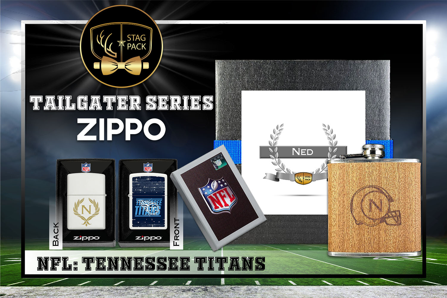 Custom Engraved Groomsmen Gift with Flask & Zippo Windproof Lighter in a Personalized Gift Box.