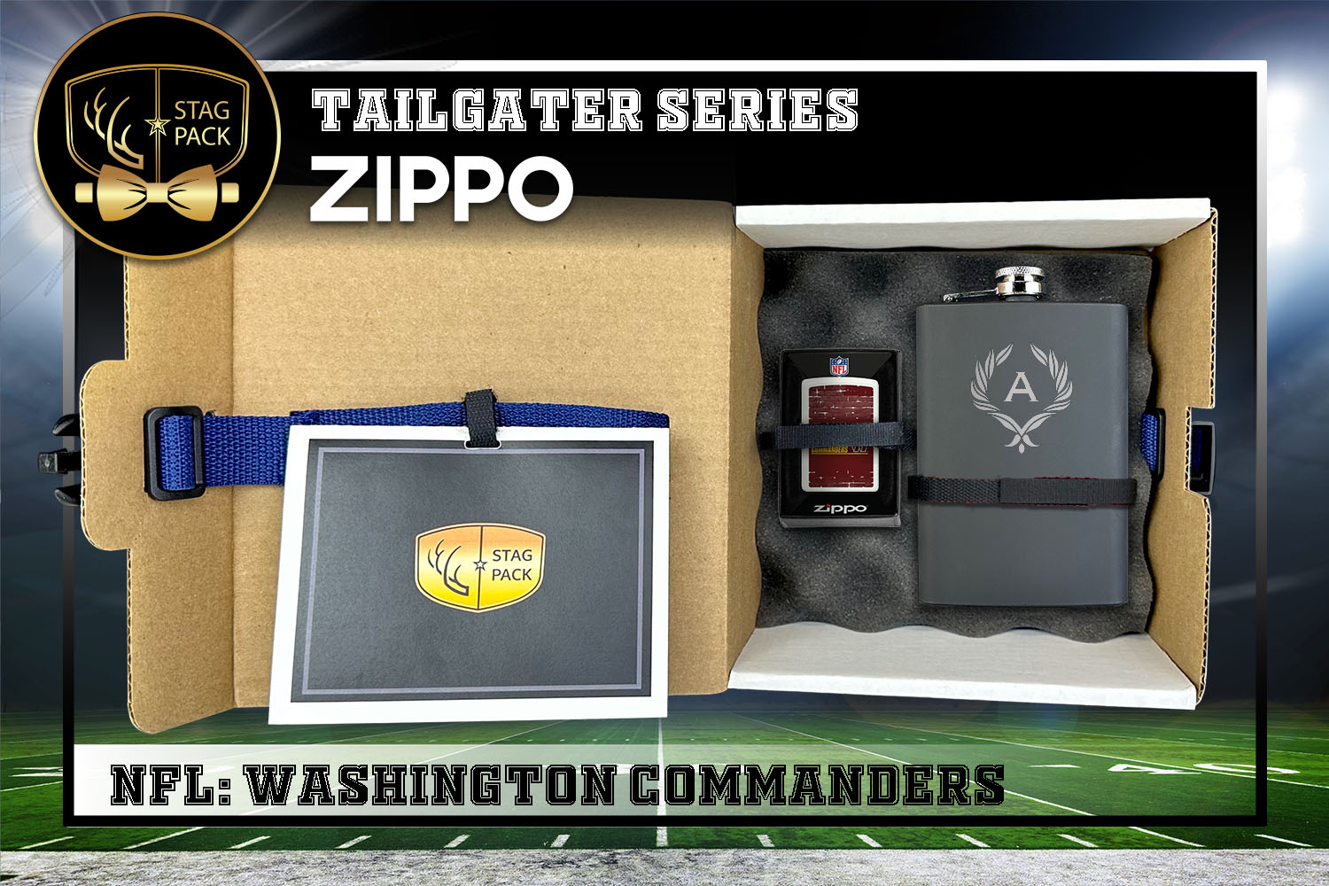 Custom Engraved Groomsmen Gift with Flask & Zippo packaged in a Personalized Gift Box with Message Card.