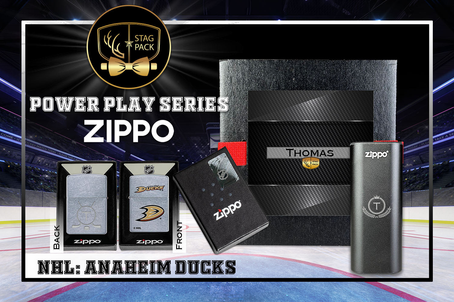 Custom Engraved Groomsmen Gift with NHL Zippo Windproof Lighter & Heatbank in a Personalized Gift Box.