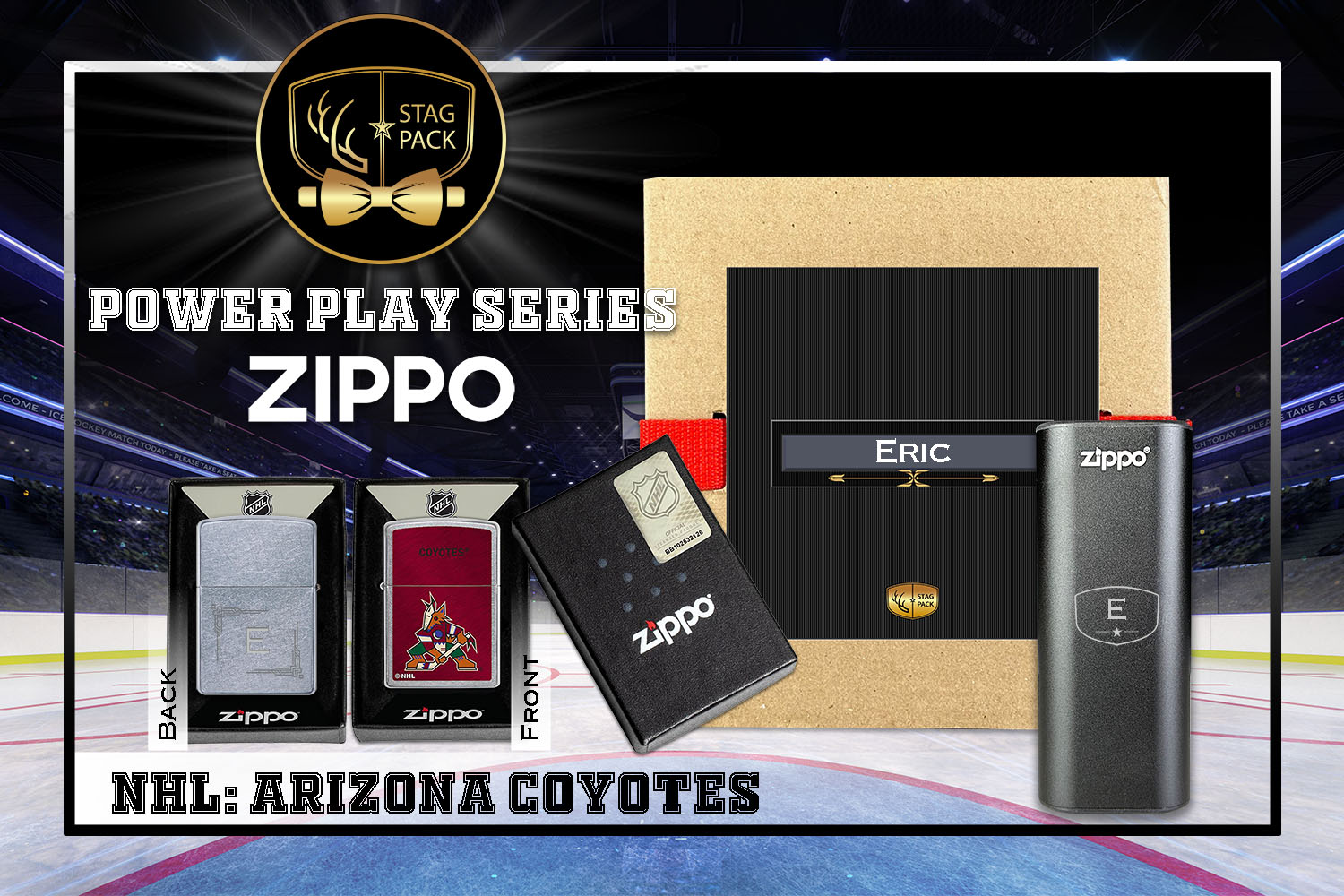 Custom Engraved Groomsmen Gift with NHL Zippo Windproof Lighter & Heatbank in a Personalized Gift Box.