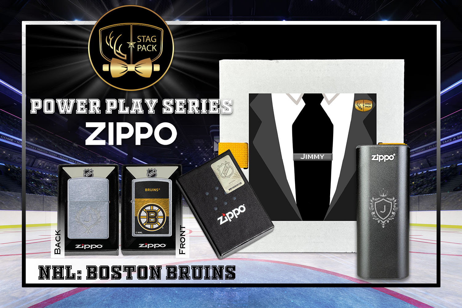 Custom Engraved Groomsmen Gift with NHL Zippo Windproof Lighter & Heatbank in a Personalized Gift Box.