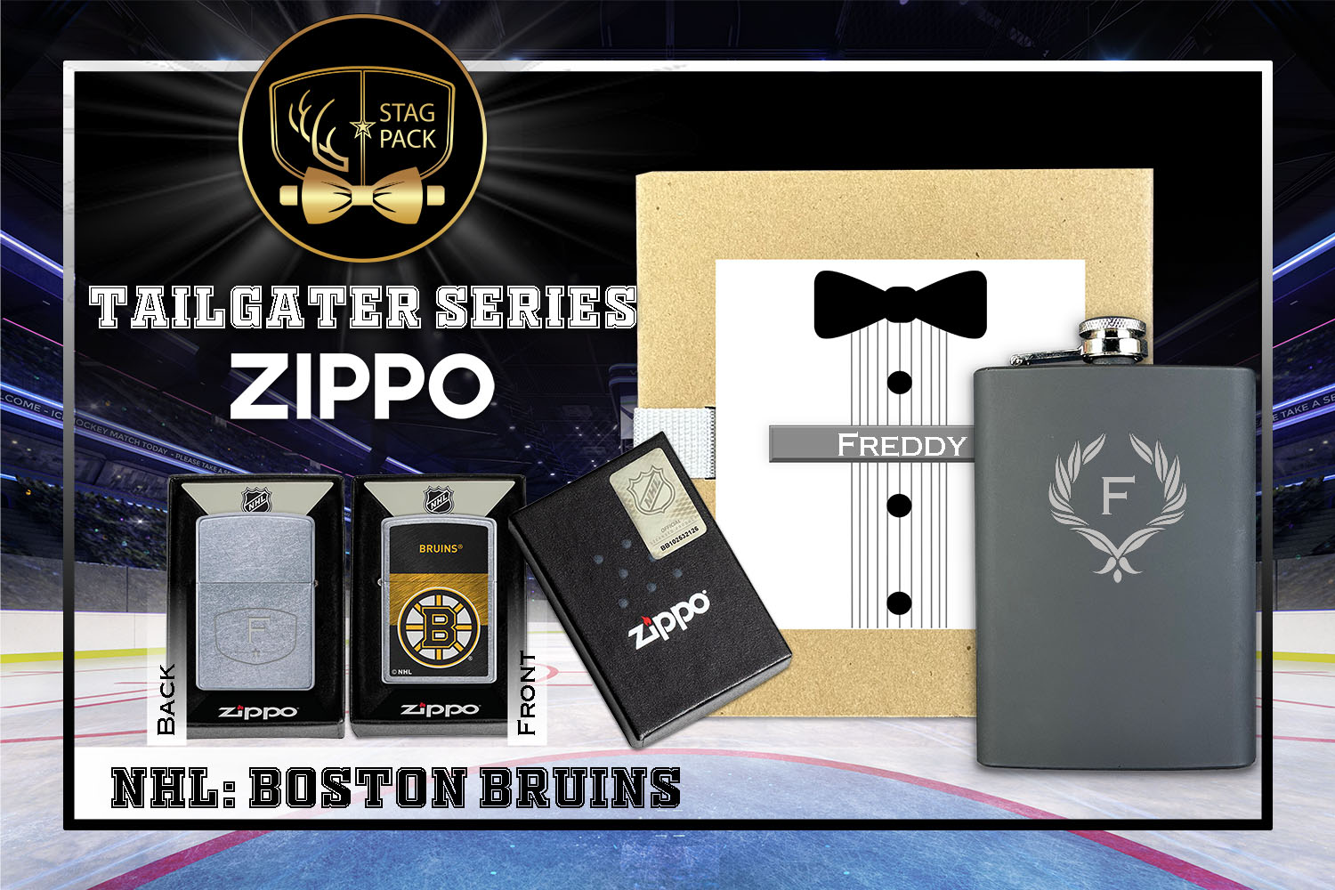 Custom Engraved Groomsmen Gift with Flask & Zippo Windproof Lighter in a Personalized Gift Box.