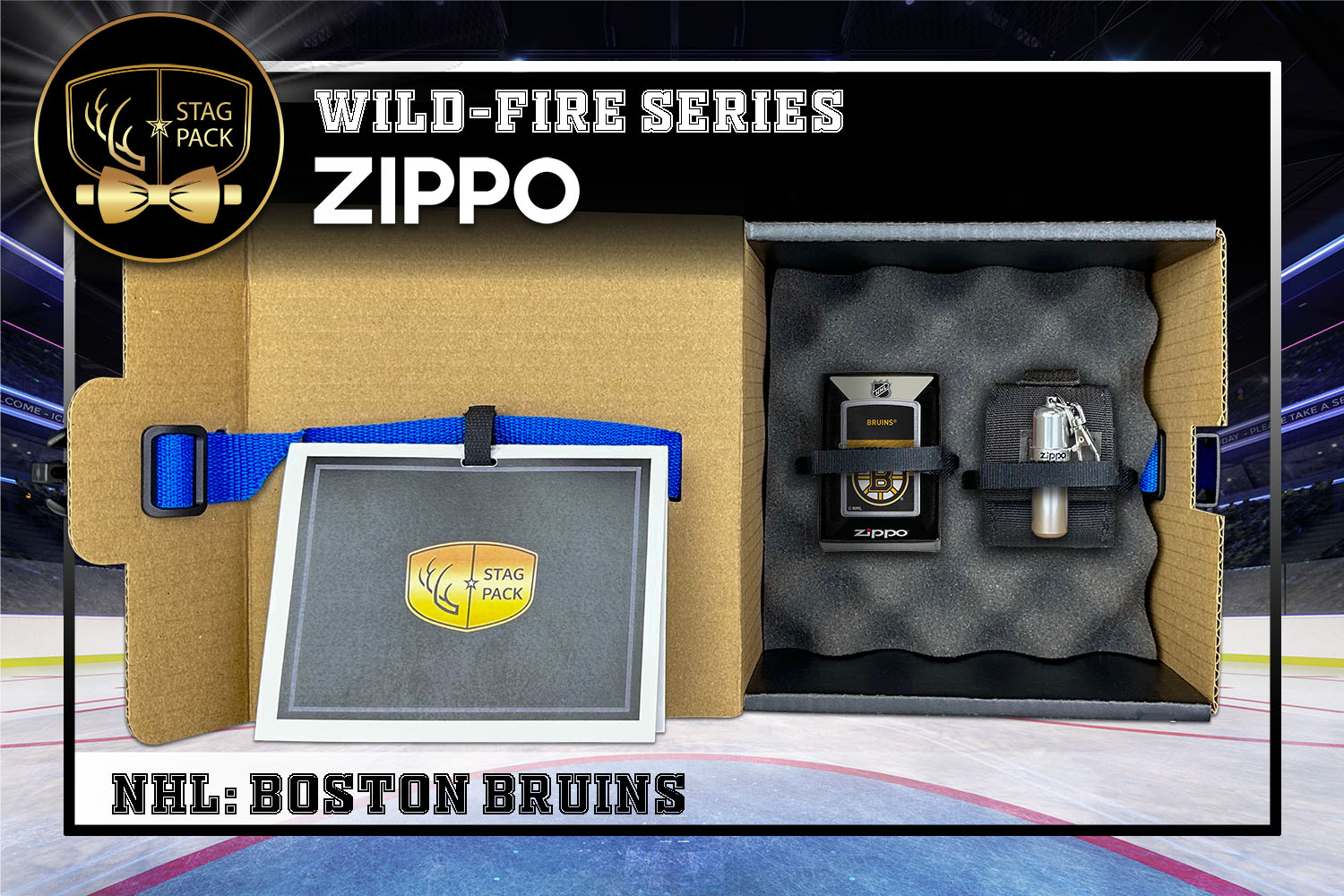 Custom Engraved Groomsmen Gift with NHL Windproof Zippo Lighter, a Fluid Canister and Pouch packaged in a Personalized Gift Box with a Message Card.